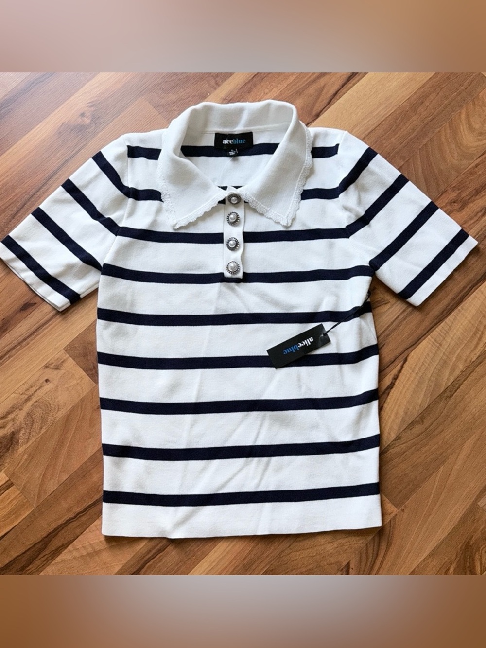 White and Navy Striped Polo Top with Decorative Buttons